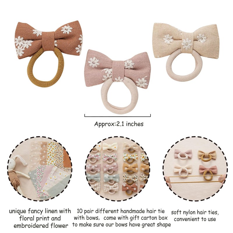 Fancy Clouds Baby Toddler Girls Hair Ties with Linen Bows Embroidered Flower,20 pcs No Damage Elastic Nylon Hair Bands Ponytail Holders,Small Hair Accessories Gifts for Girls Kids Children Thick Thin Hair - Image 3